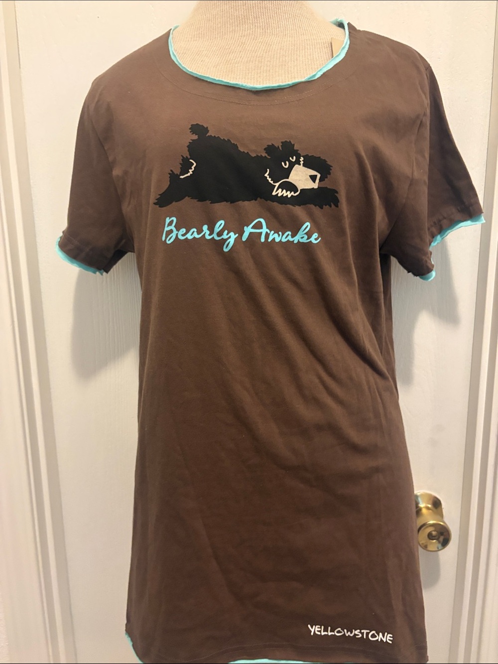 Lazy One Brown Short Sleeve Tee with Black Bear and Aqua Trim